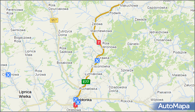 mapa Orawka gmina Jabłonka, Orawka gmina Jabłonka na mapie Targeo