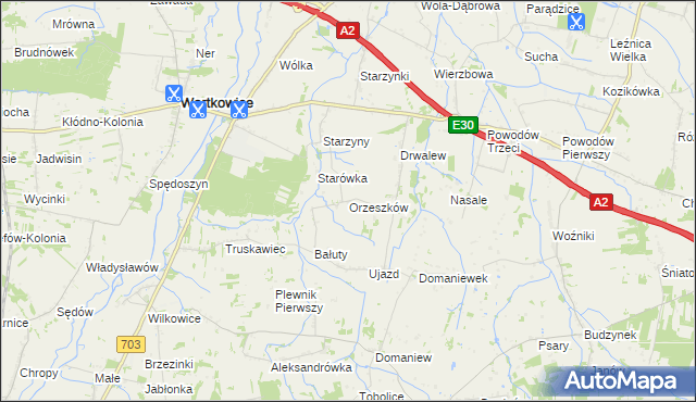 mapa Orzeszków gmina Wartkowice, Orzeszków gmina Wartkowice na mapie Targeo
