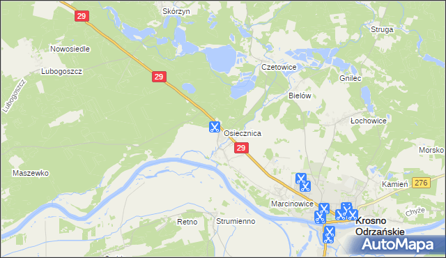 mapa Osiecznica gmina Krosno Odrzańskie, Osiecznica gmina Krosno Odrzańskie na mapie Targeo