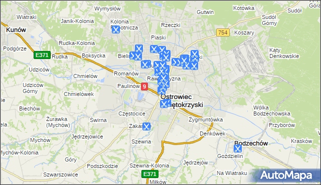 mapa Ostrowiec Świętokrzyski, Ostrowiec Świętokrzyski na mapie Targeo