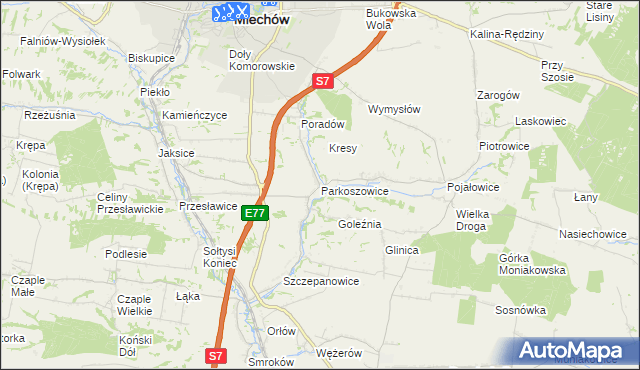 mapa Parkoszowice gmina Miechów, Parkoszowice gmina Miechów na mapie Targeo