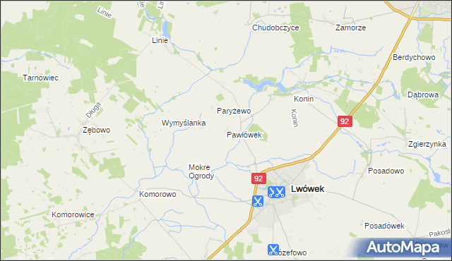 mapa Pawłówek gmina Lwówek, Pawłówek gmina Lwówek na mapie Targeo