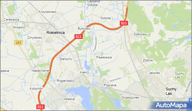 mapa Pawłowice gmina Rokietnica, Pawłowice gmina Rokietnica na mapie Targeo