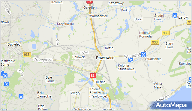 mapa Pawłowice powiat pszczyński, Pawłowice powiat pszczyński na mapie Targeo