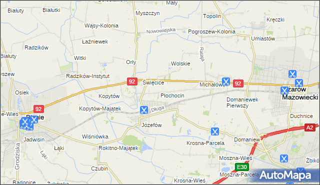 mapa Płochocin gmina Ożarów Mazowiecki, Płochocin gmina Ożarów Mazowiecki na mapie Targeo