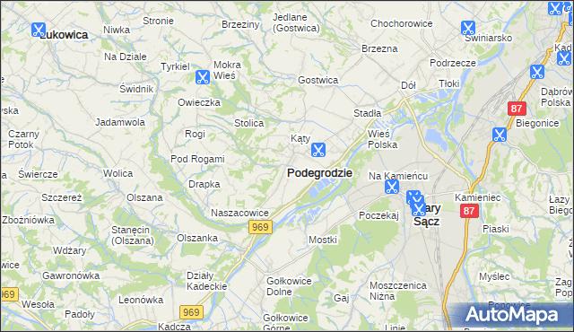 mapa Podegrodzie powiat nowosądecki, Podegrodzie powiat nowosądecki na mapie Targeo