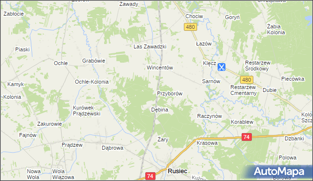 mapa Przyborów gmina Widawa, Przyborów gmina Widawa na mapie Targeo