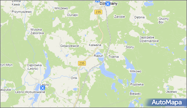 mapa Raduń gmina Dziemiany, Raduń gmina Dziemiany na mapie Targeo