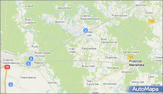 mapa Radziwiłłów gmina Puszcza Mariańska, Radziwiłłów gmina Puszcza Mariańska na mapie Targeo