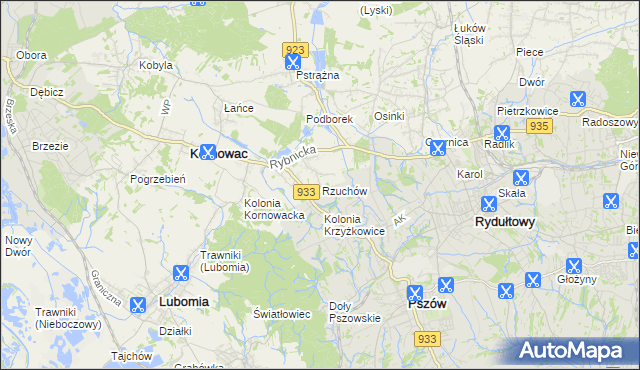 mapa Rzuchów gmina Kornowac, Rzuchów gmina Kornowac na mapie Targeo