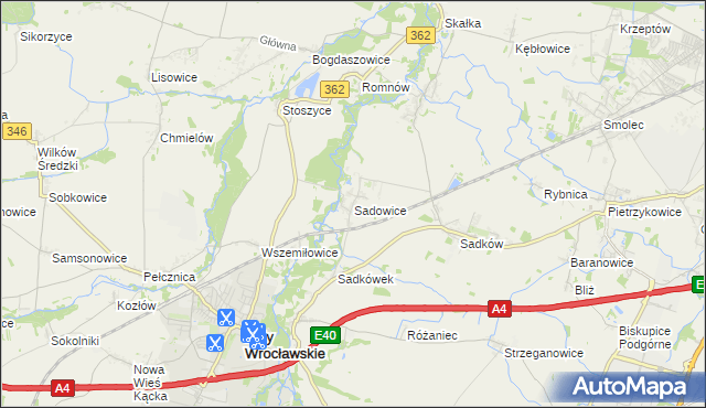 mapa Sadowice gmina Kąty Wrocławskie, Sadowice gmina Kąty Wrocławskie na mapie Targeo