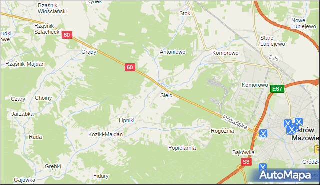 mapa Sielc gmina Ostrów Mazowiecka, Sielc gmina Ostrów Mazowiecka na mapie Targeo