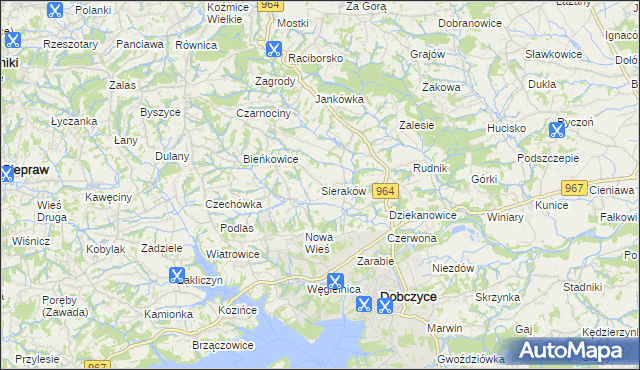 mapa Sieraków gmina Dobczyce, Sieraków gmina Dobczyce na mapie Targeo