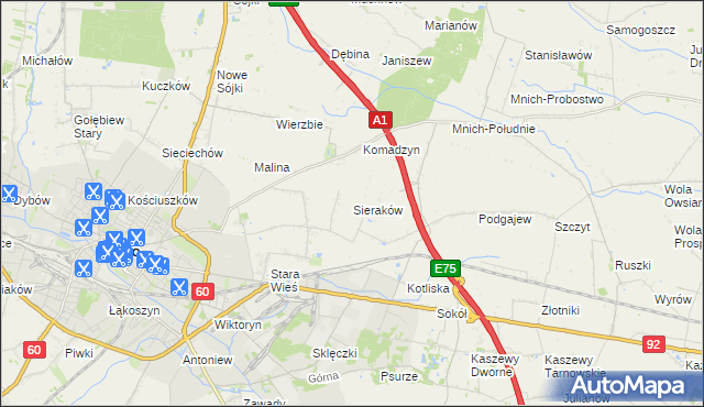 mapa Sieraków gmina Kutno, Sieraków gmina Kutno na mapie Targeo