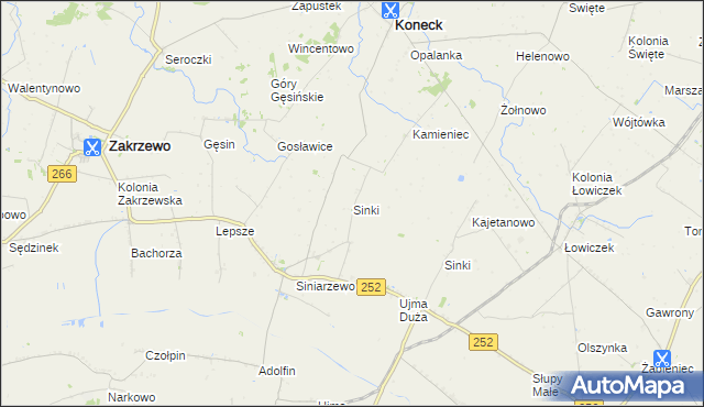 mapa Sinki gmina Zakrzewo, Sinki gmina Zakrzewo na mapie Targeo