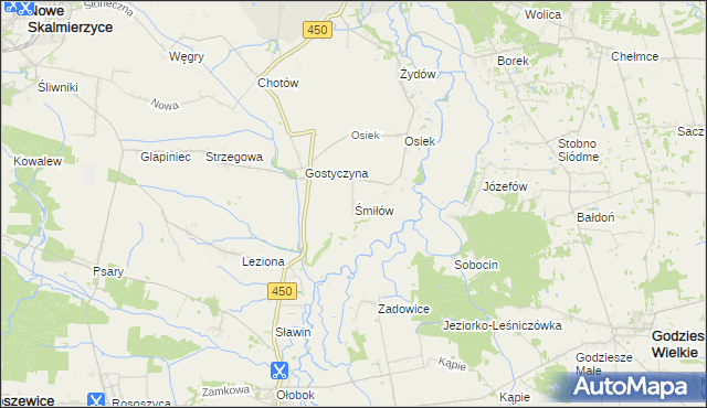 mapa Śmiłów gmina Nowe Skalmierzyce, Śmiłów gmina Nowe Skalmierzyce na mapie Targeo
