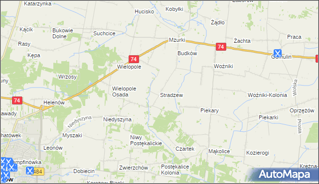 mapa Stradzew gmina Wola Krzysztoporska, Stradzew gmina Wola Krzysztoporska na mapie Targeo