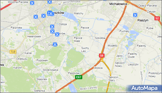 mapa Suchy Las gmina Michałowice, Suchy Las gmina Michałowice na mapie Targeo