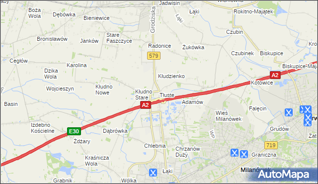 mapa Tłuste gmina Grodzisk Mazowiecki, Tłuste gmina Grodzisk Mazowiecki na mapie Targeo