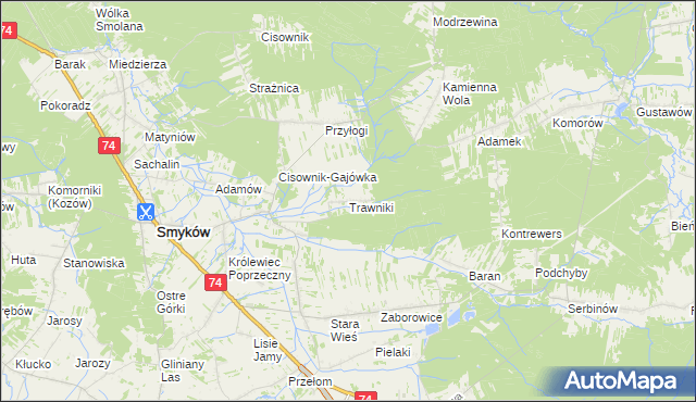 mapa Trawniki gmina Smyków, Trawniki gmina Smyków na mapie Targeo