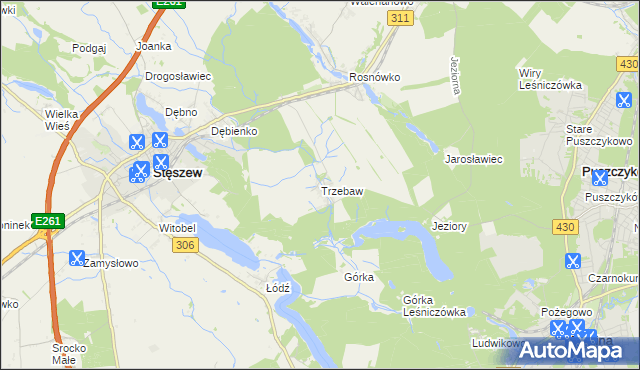 mapa Trzebaw gmina Stęszew, Trzebaw gmina Stęszew na mapie Targeo