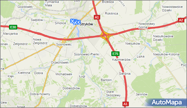 mapa Warszewice gmina Stryków, Warszewice gmina Stryków na mapie Targeo