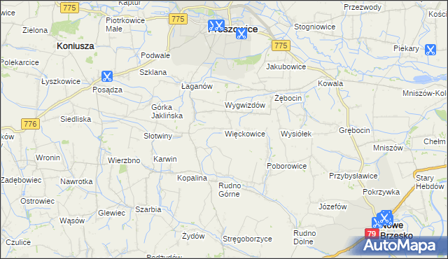 mapa Więckowice gmina Proszowice, Więckowice gmina Proszowice na mapie Targeo