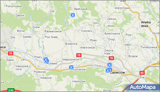 mapa Więckowice gmina Zabierzów, Więckowice gmina Zabierzów na mapie Targeo