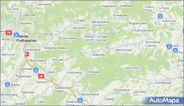 mapa Wieprzec gmina Maków Podhalański, Wieprzec gmina Maków Podhalański na mapie Targeo