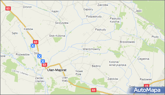 mapa Wierzchowiny gmina Ulan-Majorat, Wierzchowiny gmina Ulan-Majorat na mapie Targeo