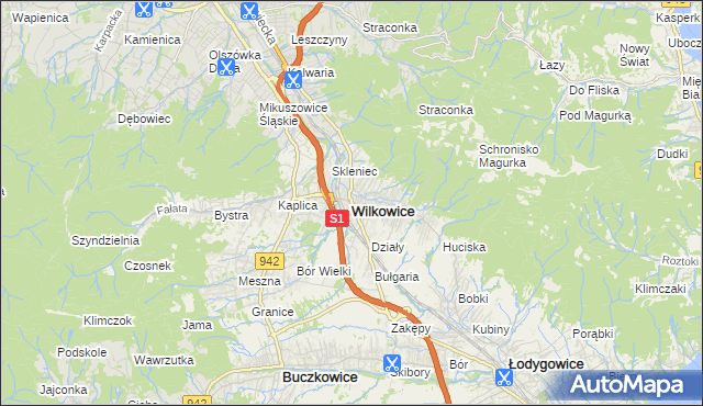 mapa Wilkowice powiat bielski, Wilkowice powiat bielski na mapie Targeo