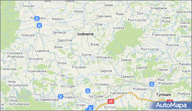 mapa Wilkowisko gmina Jodłownik, Wilkowisko gmina Jodłownik na mapie Targeo