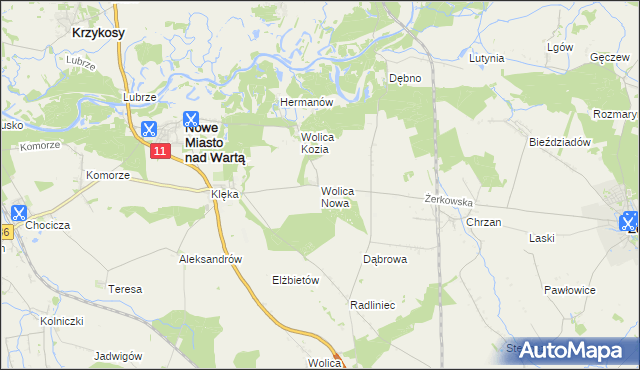 mapa Wolica Nowa gmina Nowe Miasto nad Wartą, Wolica Nowa gmina Nowe Miasto nad Wartą na mapie Targeo