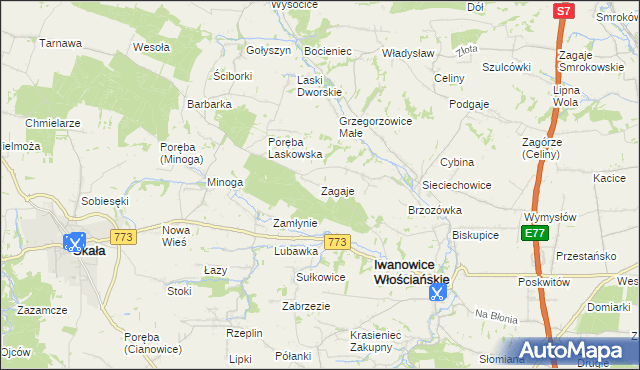 mapa Zagaje gmina Iwanowice, Zagaje gmina Iwanowice na mapie Targeo