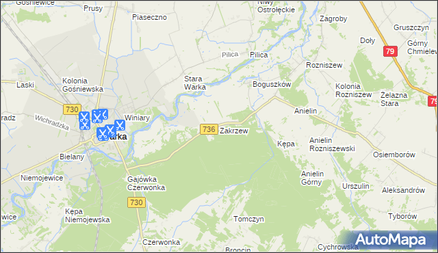 mapa Zakrzew gmina Grabów nad Pilicą, Zakrzew gmina Grabów nad Pilicą na mapie Targeo