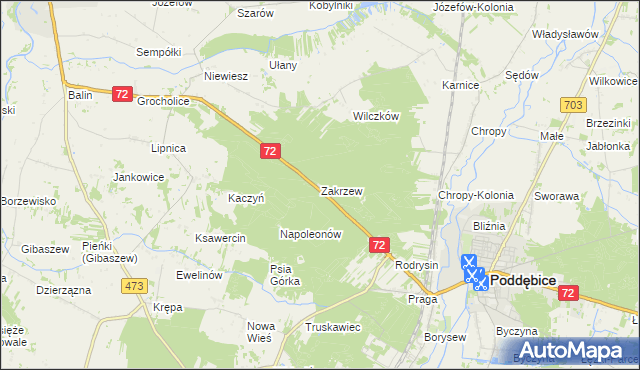 mapa Zakrzew gmina Poddębice, Zakrzew gmina Poddębice na mapie Targeo