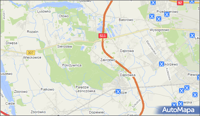mapa Zakrzewo gmina Dopiewo, Zakrzewo gmina Dopiewo na mapie Targeo