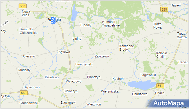 mapa Zakrzewo gmina Wielgie, Zakrzewo gmina Wielgie na mapie Targeo