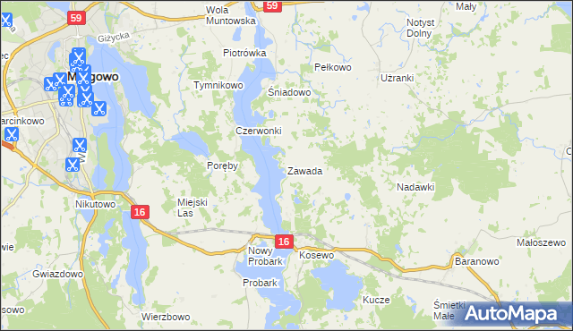 mapa Zawada gmina Mrągowo, Zawada gmina Mrągowo na mapie Targeo