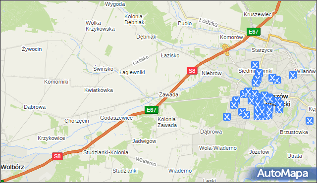 mapa Zawada gmina Tomaszów Mazowiecki, Zawada gmina Tomaszów Mazowiecki na mapie Targeo