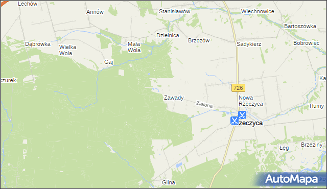 mapa Zawady gmina Rzeczyca, Zawady gmina Rzeczyca na mapie Targeo