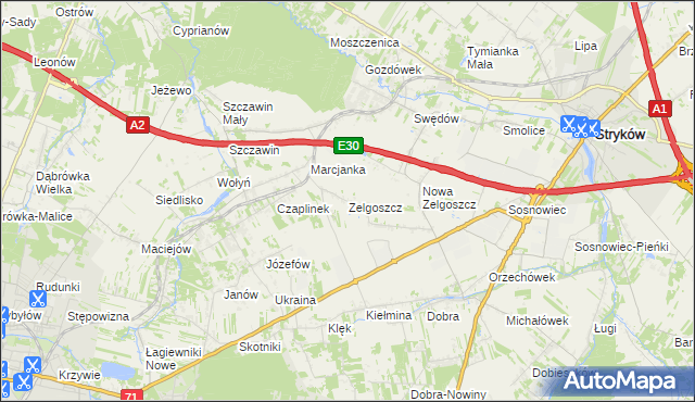 mapa Zelgoszcz gmina Stryków, Zelgoszcz gmina Stryków na mapie Targeo