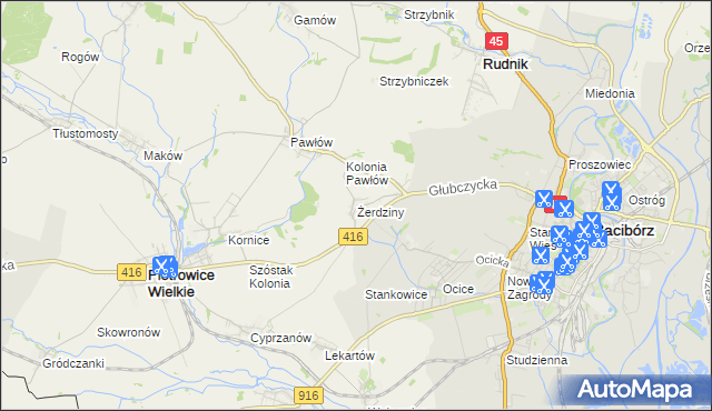 mapa Żerdziny gmina Pietrowice Wielkie, Żerdziny gmina Pietrowice Wielkie na mapie Targeo