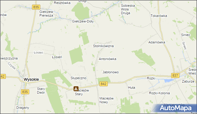 mapa Antoniówka gmina Wysokie, Antoniówka gmina Wysokie na mapie Targeo