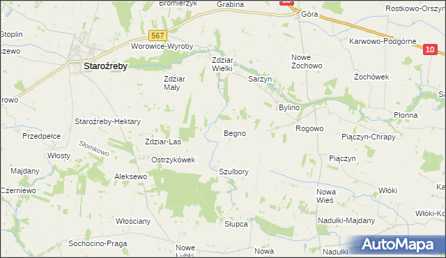 mapa Begno gmina Staroźreby, Begno gmina Staroźreby na mapie Targeo