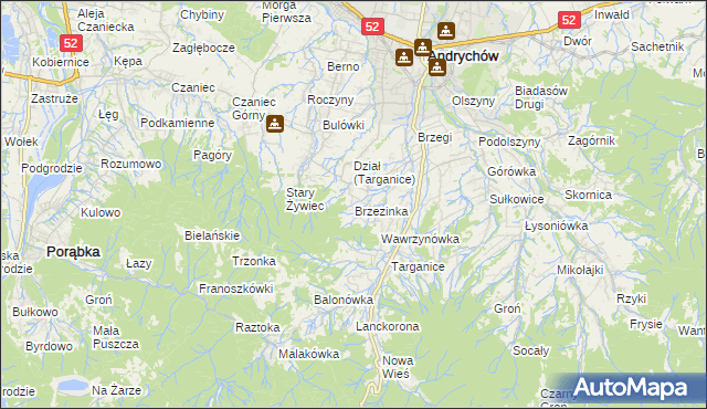 mapa Brzezinka gmina Andrychów, Brzezinka gmina Andrychów na mapie Targeo