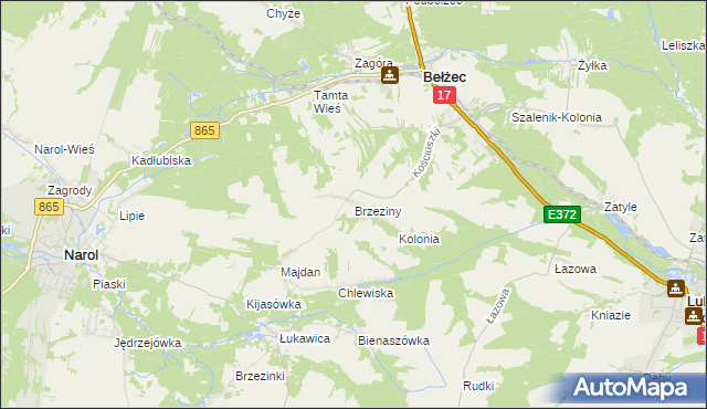 mapa Brzeziny gmina Bełżec, Brzeziny gmina Bełżec na mapie Targeo