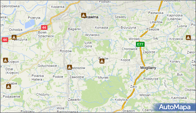 mapa Buków gmina Mogilany, Buków gmina Mogilany na mapie Targeo