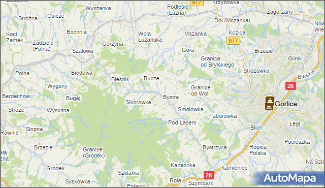 mapa Bystra gmina Gorlice, Bystra gmina Gorlice na mapie Targeo