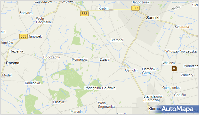 mapa Działy gmina Sanniki, Działy gmina Sanniki na mapie Targeo